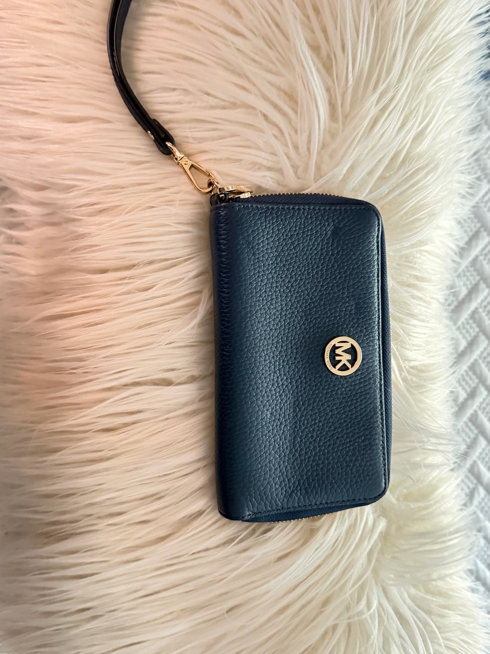 Michael Kors Navy Pebbled Leather Wristlet with Gold Logo